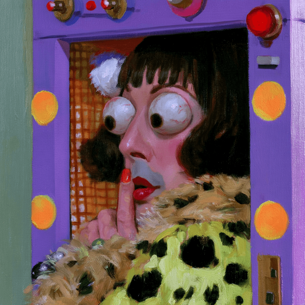 Surreal painted portrait with a black bob, oversized eyes, and a leopard-patterned coat inside a purple frame